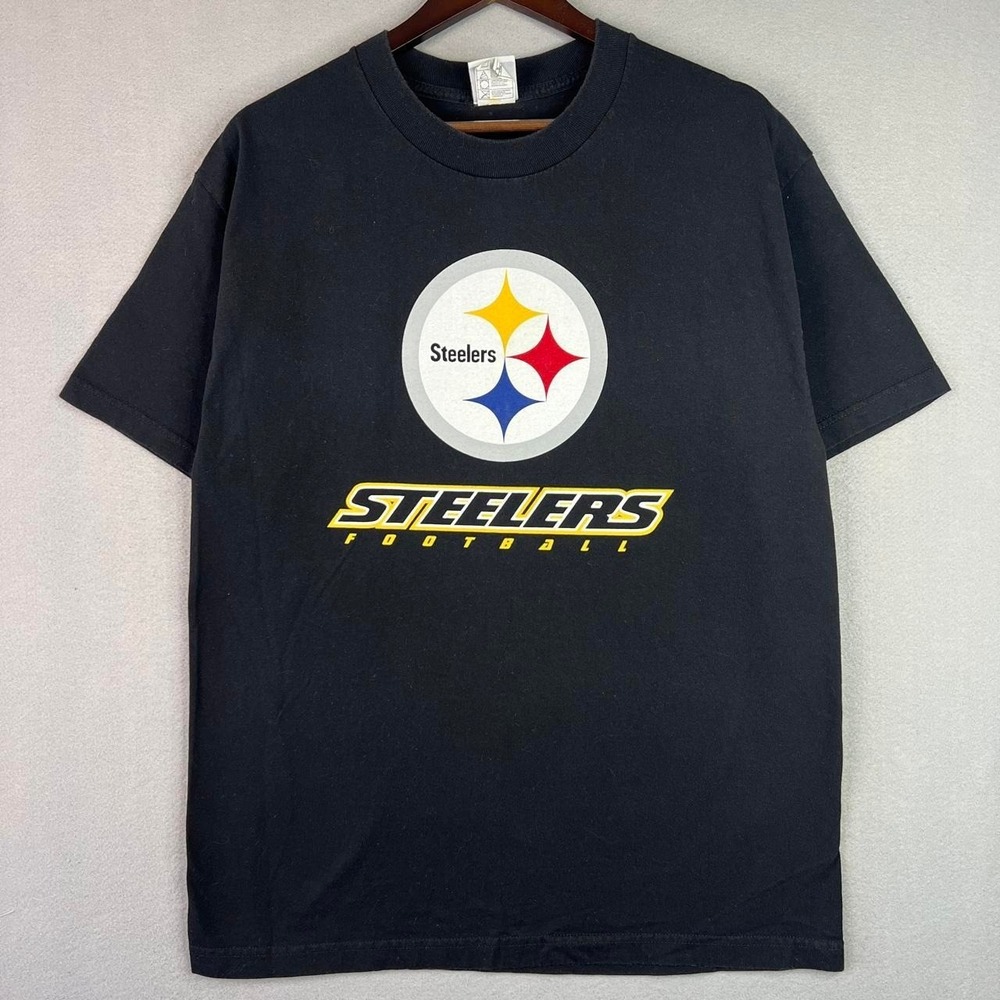 Pittsburgh Steelers NFL Football Slanted Font Black Team NFL Tee Shirt L